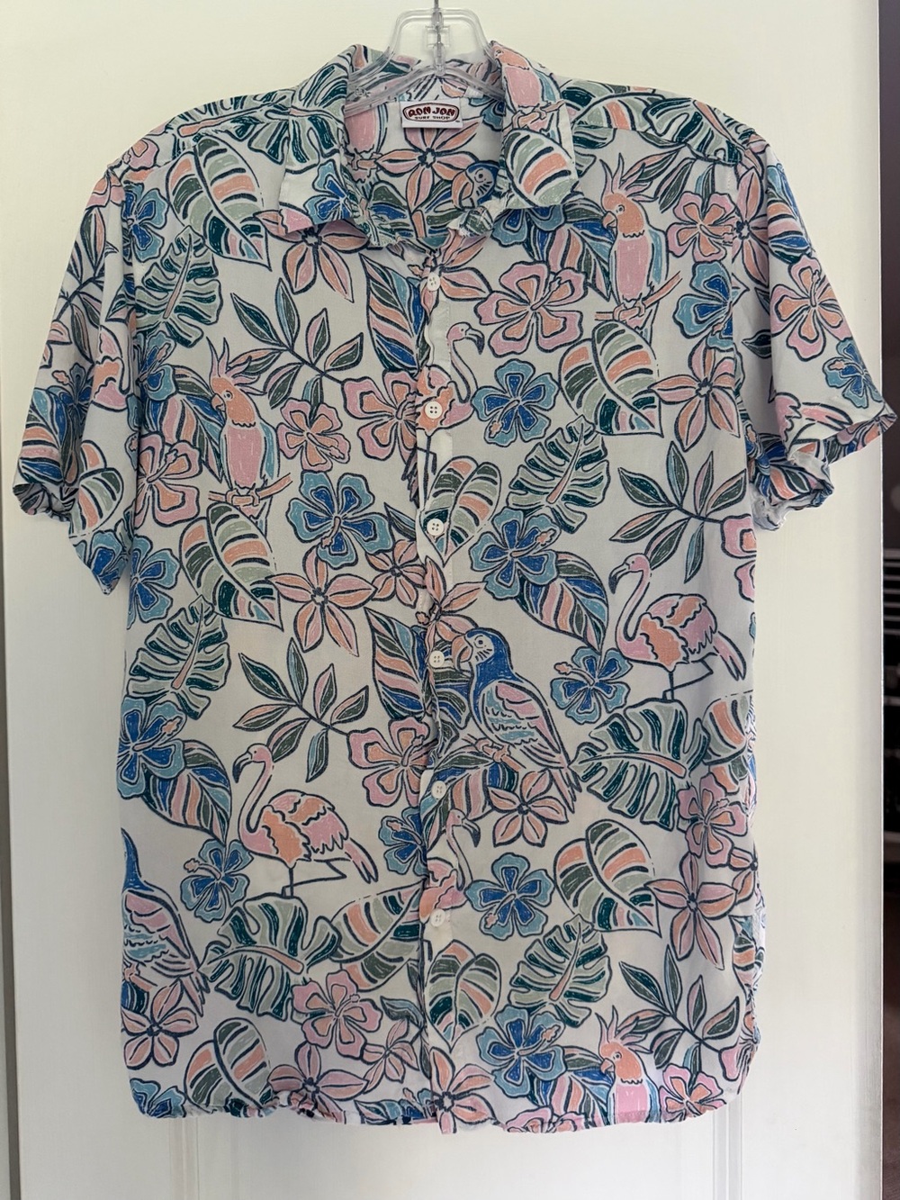 Men's Ron Jon Surf Shop Tropical Print Short Sleeve Rayon Shirt with Flamingoes